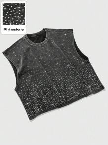ROMWE MEN Street Life Men's Sleeveless Top, Street American Style Daily Rhinestone Effect Short Washed Snow Flake Top, 2000s Style - Black - View 3