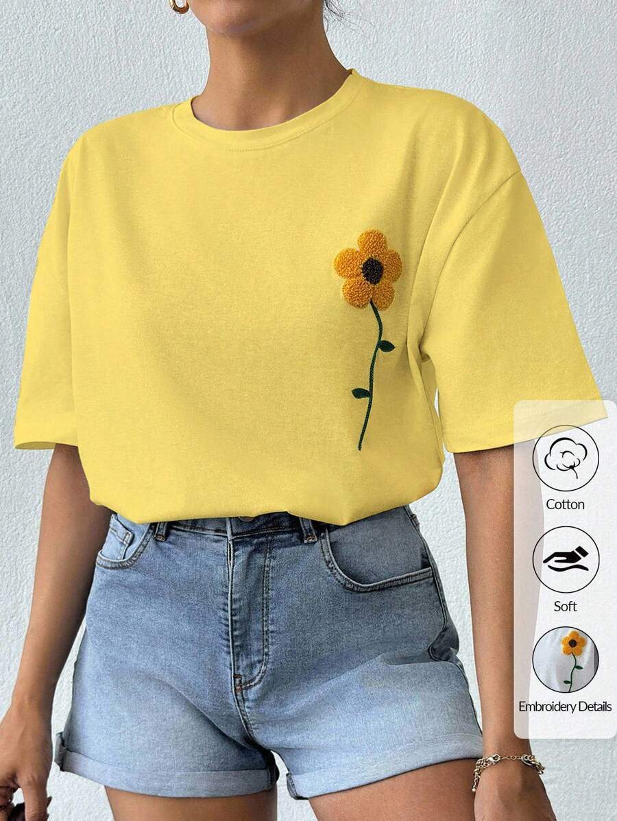 EURMUSE 100%Cotton Summer Flower Flocking White T-Shirt - Yellow - View 1