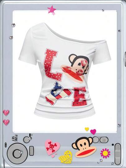 Paul Frank X ROMWE Damen Y2K American Flag LOVE Muster asymmetrisches Schulter anliegendes T-Shirt