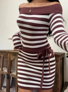SHEIN EZwear Damen gestreiftes Off-Shoulder langärmliges figurbetontes Strickkleid, Herbst-Winter-Kleidung für Frauen - Braun - Übersicht 3