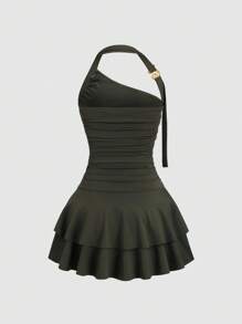 Sweetra Nuevo estilo de vestido corto para mujer con diseño de joyas en espiral de cuello de halter, cintura y falda campana con dobladillo de tarta - Verde militar - Ver 2