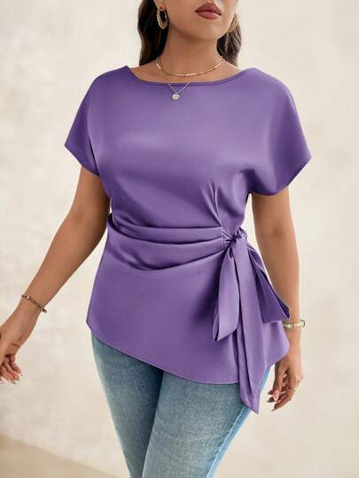 SHEIN Clasi Plus Size Women's Solid Color Round Neck Batwing Short Sleeve Side Tie Fashionable Blouse Plus Size Tie Front Top