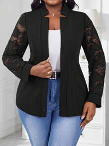 SHEIN Lady 春夏秋冬优雅通勤办公黑色针织蕾丝缺口撞色蕾丝长袖加大码工作服秋冬西装外套，女士办公着装，秋季商务休闲女装，曲线商务职业女性休闲商务休闲秋季教师