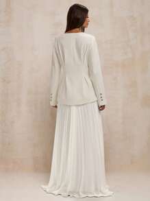SHEIN BAE Ensemble veste blazer à simple boutonnage et jupe plissée simple pour femmes, pour le travail - Blanc - Voir 2