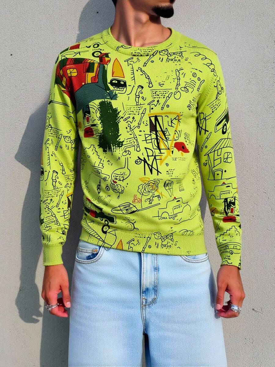 Manfinity Homme 男士时尚涂鸦图案圆领毛衣 - 橄欖綠 - 查看 1