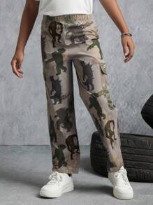 GODZILLAxKONG X SHEIN Pantalones cargo rectos de cintura elástica con estampado de monstruo, estilo casual y moderno para niño preadolescente - Verde militar - Ver 3