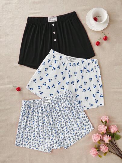 CottageSlumber Set de 3 piezas Pantalones de pijama casual de mujer con estampado de flores de cerezo