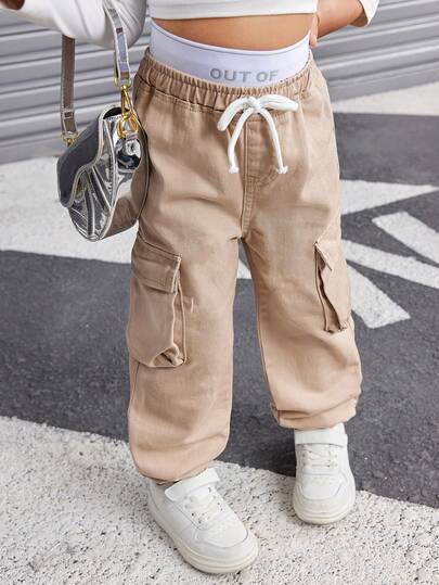 SHEIN 年轻女孩卡其色字母印花松紧腰设计翻边工装牛仔裤