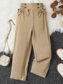 Girls Shirred Waist Bow Front Trousers - Khaki - View 4