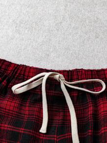 SHEIN Tall CURVE 大码女式休闲格子印花抽绳裤，春夏款，适合情人节、日常生活、通勤、上学、教师、会议、外出、休闲等场合，宽松格子裤，休闲女装，红色裤子 - 紅色 - 查看 4