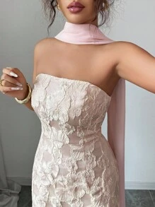 Elenzga Women's Elegant Romantic Pink & Gold Floral Jacquard Fabric Strapless Waist-Cinched Straight Hem Dress With Neck Tie, Suitable For Dates, Shopping, Music Festivals And More, Spring/Summer - Pink - View 3