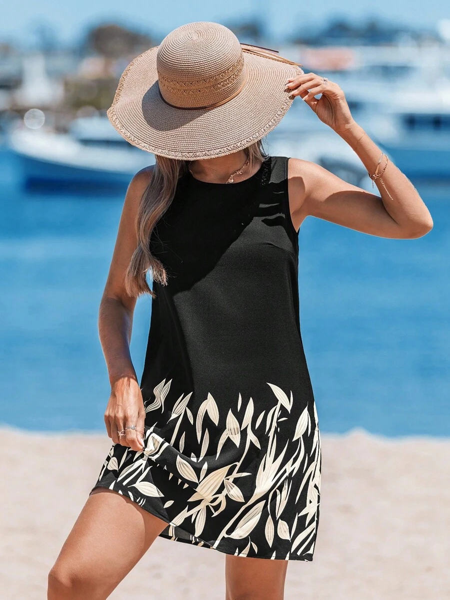 Sylviya 女用植物印花圓領無袖連身裙 - 黑色 - 查看 1