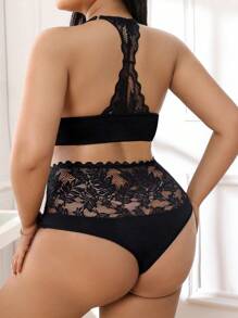Miss Vinta 2pcs Plus Size Front Closure Lace Patchwork Underwire Bra Set - Black - View 6