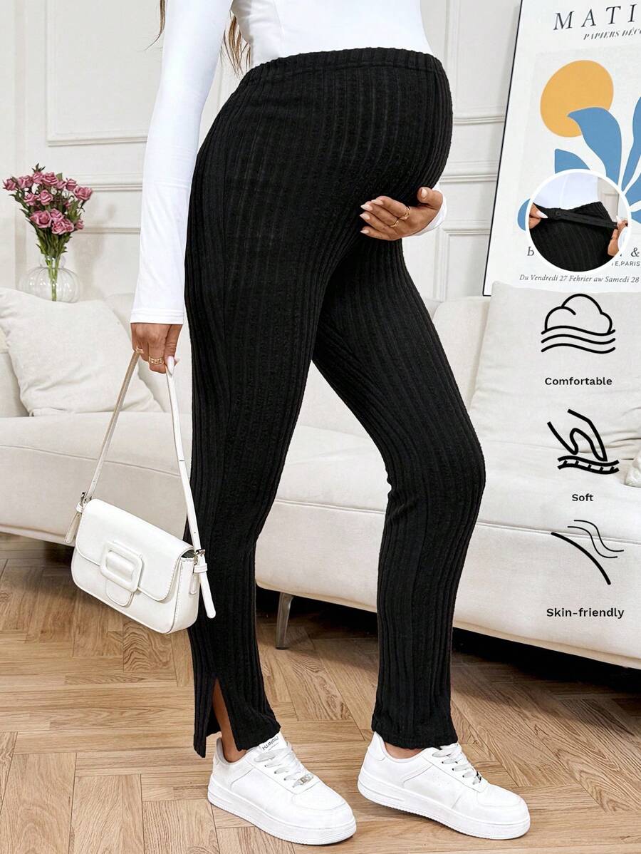 SHEIN Leggings de punto a costilla de unicolor con cintura ajustable para mujeres embarazadas