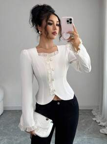 Elenzga Nouvelle blouse élégante à manches longues avec col carré et volants, couleur unie, automne