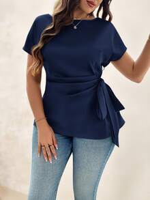 SHEIN Clasi 大码女式纯色圆领蝙蝠袖短袖侧系带时尚衬衫