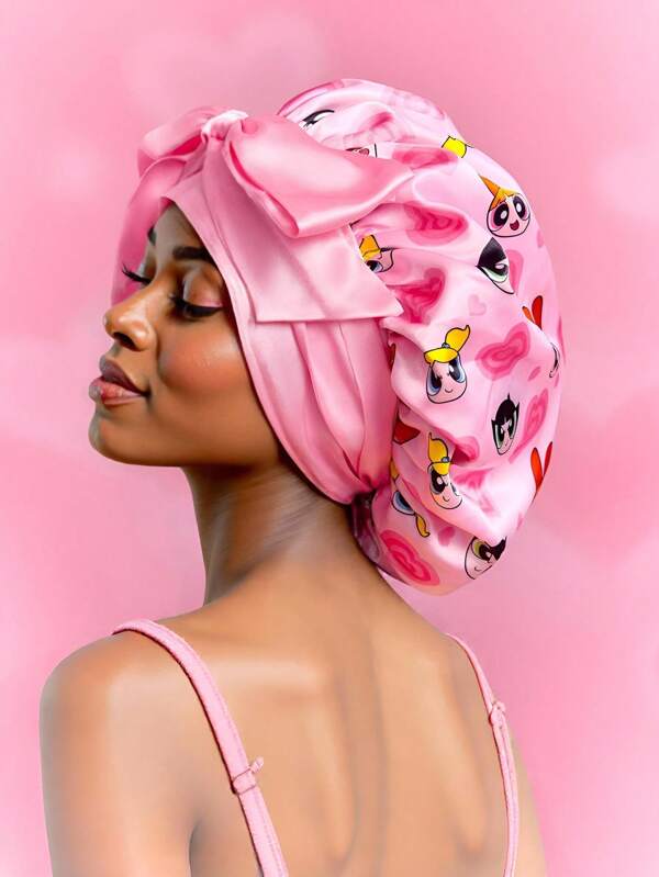THE POWERPUFF GIRLS X SHEIN 2-Layer Upgraded Hair Care Cap, Wide Elastic Satin Sleeping Cap, Soft & Comfortable For Daily Home Wear, Pink Heart & "Blossom & Bubbles & Buttercup" Pattern,Y2K
