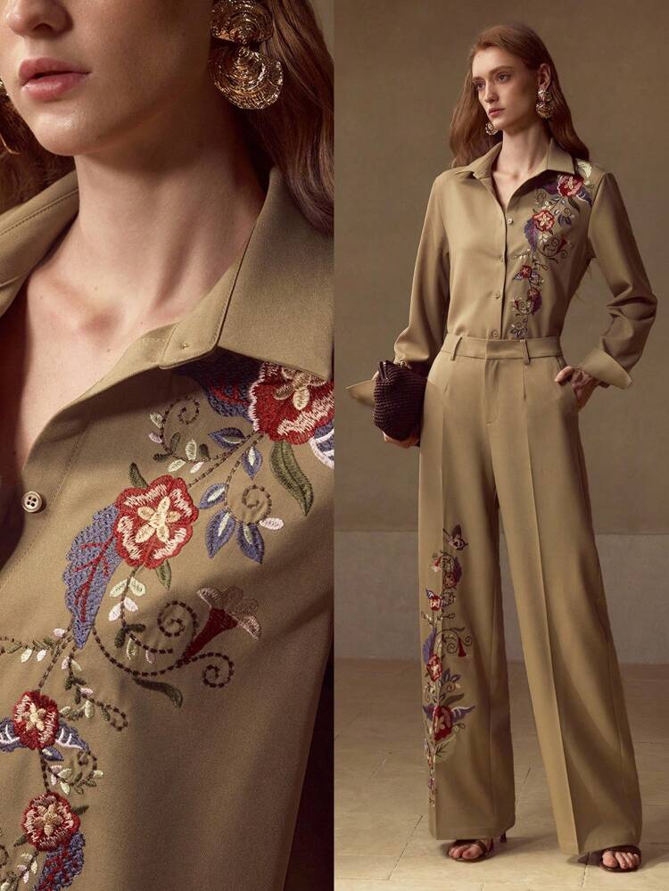 FLORAL EMBROIDERY BUTTON UP TOP & PRESS CREASE PANTS