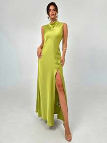 Firerie 女士优雅、浪漫、迷人的绿色缎面船领无袖纽扣装饰开衩下摆修身及地长裙，适合派对、庆典、正式场合、毕业典礼、婚礼作为宾客着装，夏季和秋季 - 綠色 - 查看 3