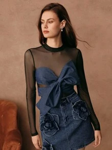 Savoree Women's Knit Top With Bow Decor - Black - View 1