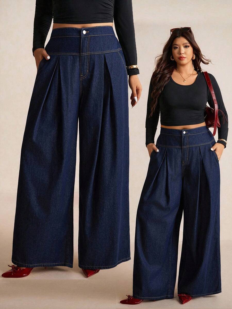 Elaquor Calça Denim Azul Marinho Cintura Alta Perna Larga Elegante Roupas Femininas Confortáveis Cintura Elástica Roupas Femininas de Outono