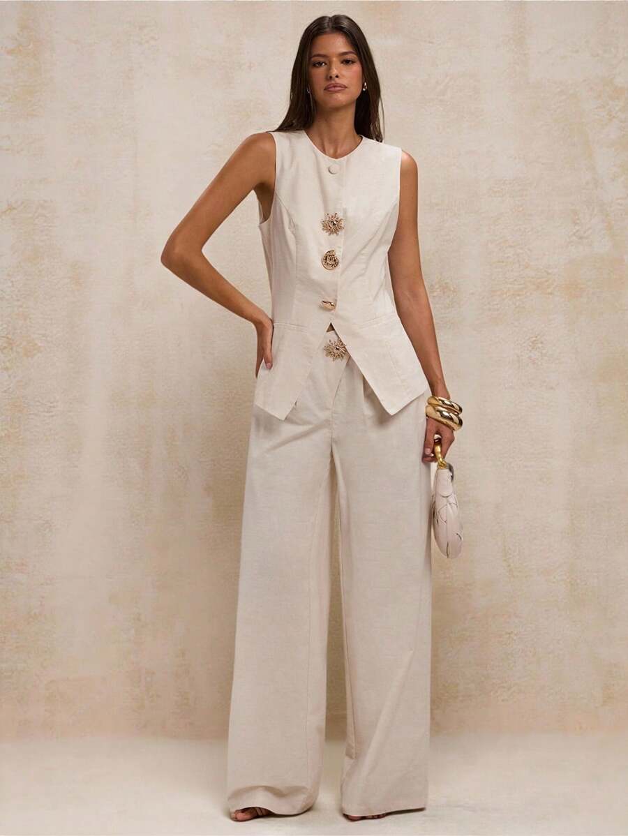 SHEIN BAE 1 件女士纯色前扣圆领无袖西装外套，优雅