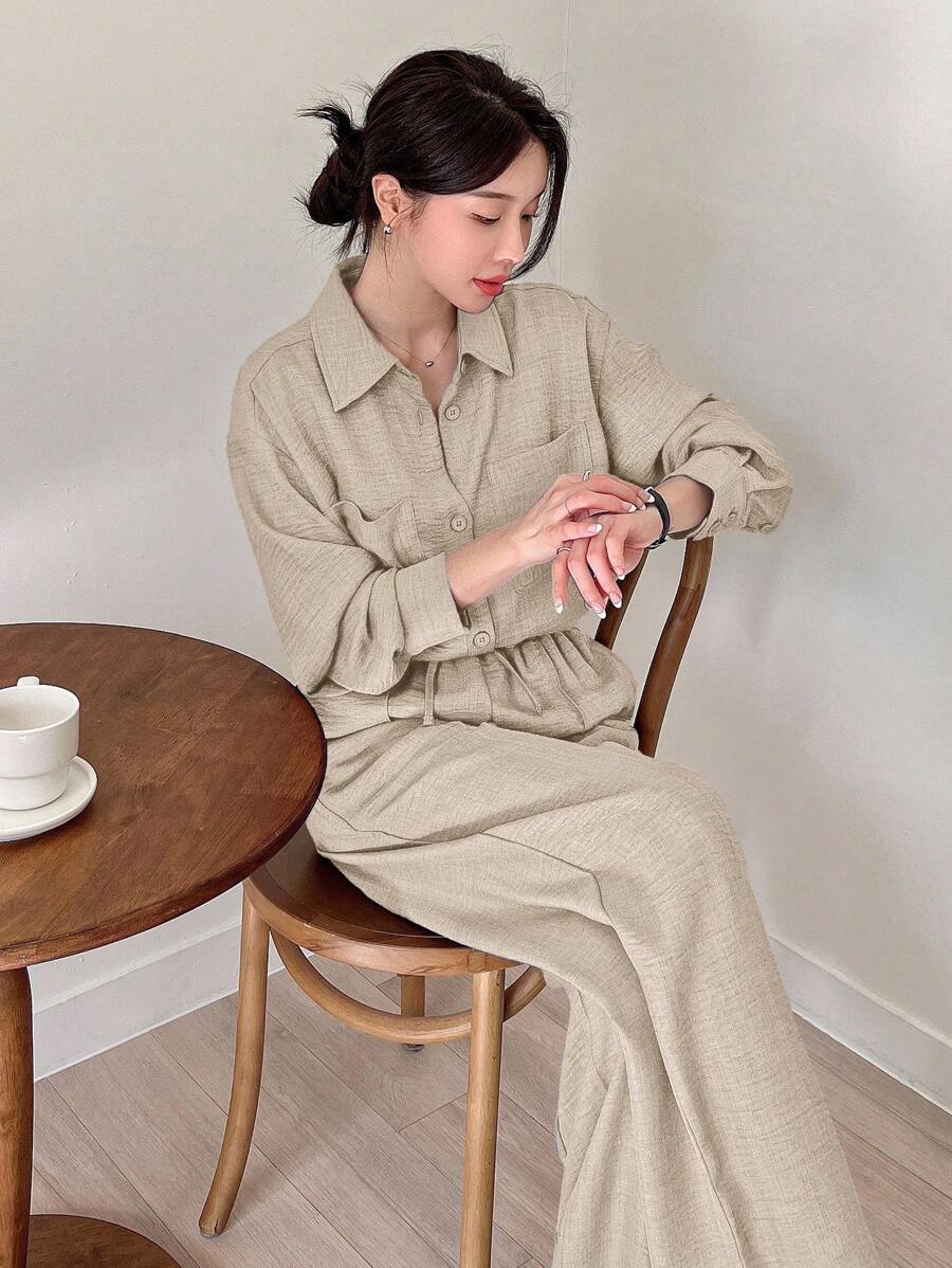 DAZY 2pcs Women Solid Color Shirt & Wide Leg Pants Set,Fall Women Clothes Lounge Sets For Women - Apricot - View 1