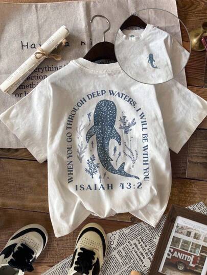 Attitoon 休闲圆领短袖修身女式T恤，适合夏季、海滩穿着，鲨鱼印花