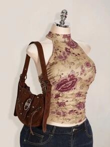 SHEIN ICON Plus Size Y2K Summer Going Out Boho Western Country Concert Women's Sexy Backless Floral Print Halter Neck Top, Summer Halter Tops For Women Vintage Halter Top,Back To School