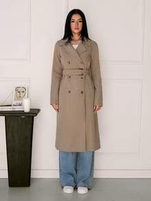 SHEIN Tall 卡其色复古长袖收腰女式风衣,冬季女装,冬季女装外套,除夕,女士夹克,女士,长款女士夹克,冬季女装夹克,优雅夹克,商务女士 - 卡其色 - 查看 8