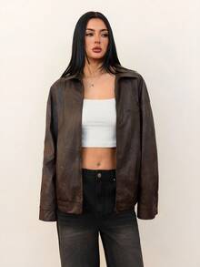 SHEIN Tall Áo khoác da giả màu nâu họa tiết loang lổ thời trang cổ điển dành cho nữ, dành cho mùa thu, trang phục Giáng sinh, quần áo nữ, áo khoác da màu nâu, mùa đông, áo khoác da, áo khoác bomber da nâu, áo khoác da nữ màu nâu, áo khoác da ngắn màu nâu, áo khoác da nữ - Cà phê nâu - Xem 8