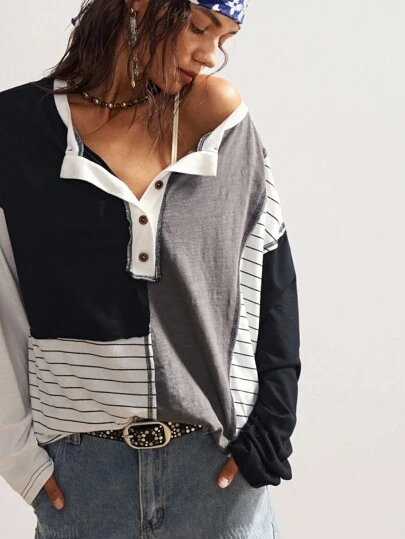 Bohemela Boho Women's Vintage Casual Knit Striped Patchwork Crew Neck Half Button Up Front Loose Fitting Long Sleeve T-Shirt, Vintage Western Country Style Concert Vacation, Back To School, Suitable For Autumn/Winter,Top