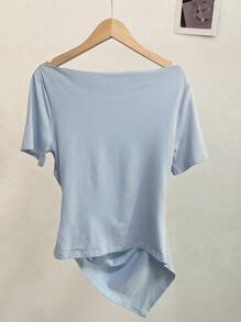 INAWLY 大码女式休闲日常通勤简约纯色露肩褶饰修身 T 恤，夏季 - 藍色 - 查看 2