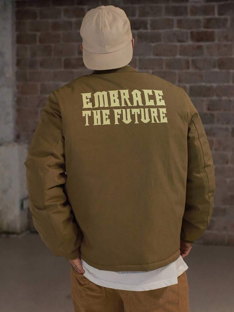 Men's Thick Padded Coat With Letter Print, Military Green, Winter Jacket