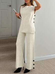 EURMUSE Elegancki zestaw tuniki i spodni z bocznymi guzikami, dzianinowe komplety