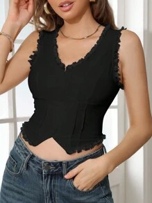 INAWLY Plus Size Women Solid Color Contrast Lace Front Button Decoration Fashion Black Tank Top - Black - View 4