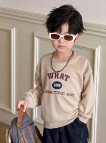 SHEIN 男童休闲卡其色字母图案圆领运动衫 - 卡其色 - 查看 2