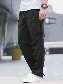 Manfinity Homme Pantalones cargo con bolsillo con solapa y cintura con cordón, otoño - Negro - Ver 3