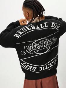 ROMWE MEN Street Life Men's Graffiti Slogan Jacquard Knit Pullover Sweater, Street Fashion