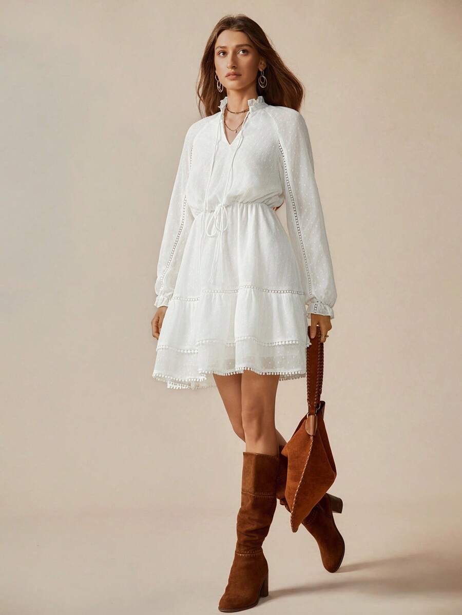 Florisole Vestido elegante de mujer con dobladillo con volantes, textura romántica de lunares blancos, adorno de encaje multicapa, vestido con cuello en V y cinturón en la cintura, otoño - Albaricoque - Ver 1