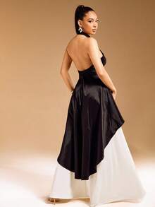 Solid Taffeta Halter Neck High Low Hemline Open Back Top - Black - View 2