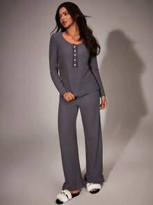 SHEIN Women's Solid Color Waffle Knit Crew Neck Partial Button Front Long Sleeve Top & Pants Pajama Set, Outfits, Fall Clothes  Cozy And Elegant Details
