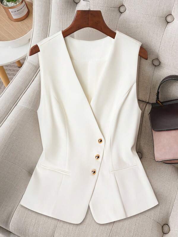 Regalyn Women's Fitted Elegant Waist Cinched Sleeveless Crossover Collar Faux Pocket Plus Size Blazer