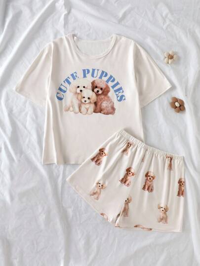 2pcs/Set Casual Cute Puppy Print Short Sleeve Top And Shorts Homewear Set For Tween Girl 10 Years Old, Summer Back To School Fashion