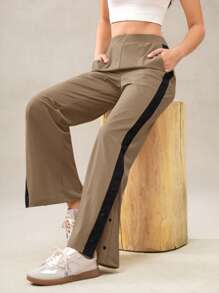 OutZeal Pantalon large à fente latérale avec blocs de couleurs stretch et toucher frais, pour un usage quotidien et décontracté pour femmes - Tabac - Voir 8