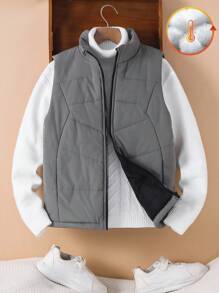 SHEIN Tween Boys' Casual Everyday Versatile Comfortable Padded Sleeveless Zip-Up Vest Jacket,In Fall/Winter - Grey - View 4