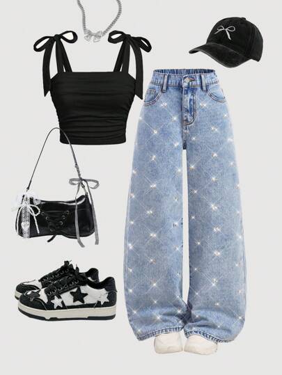 SHEIN Girlism 大码女童银色金属蝴蝶结装饰宽松蓝色牛仔长裤