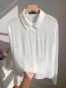 SHEIN EZwear Camisa de mujer informal de manga larga a rayas de abotonadura sencilla - Rosa - Ver 6
