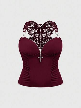 Goth Y2K Vintage elegantes Spitzen-Patchwork Camisole mit Rückenausschnitt in Große Größen