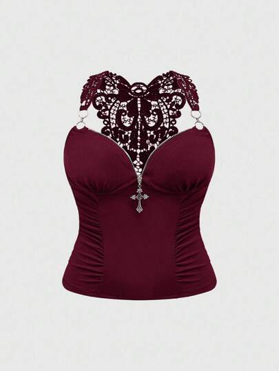 Goth Y2K Vintage Elegant Cross Collar Lace Patchwork Plus Size Backless Camisole